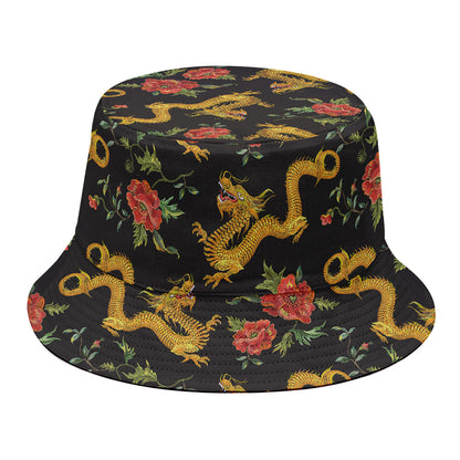 Embroidery Chinese Dragon Pattern Print Bucket Hat