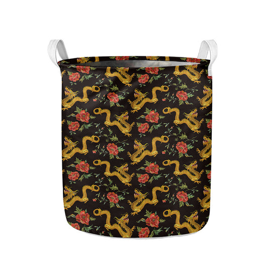 Embroidery Chinese Dragon Pattern Print Collapsible Laundry Basket