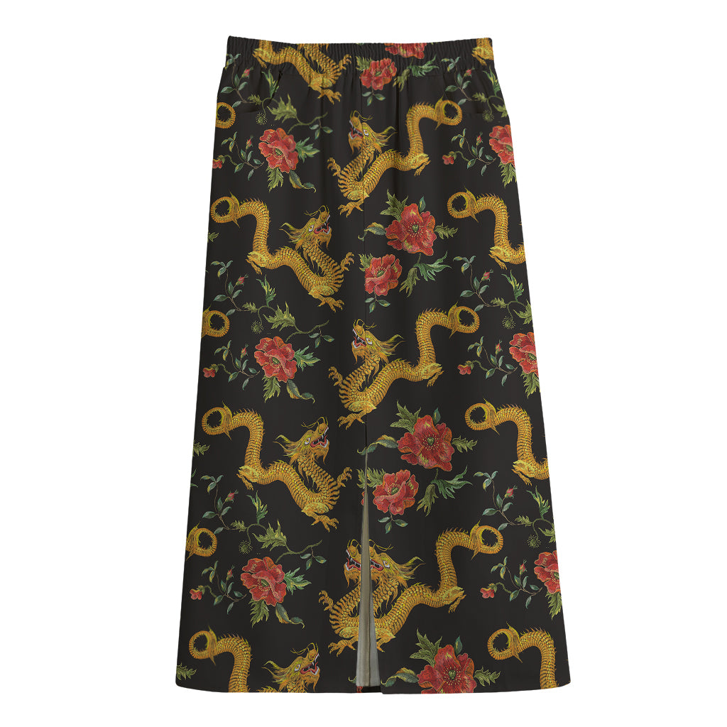 Embroidery Chinese Dragon Pattern Print Cotton Front Slit Maxi Skirt