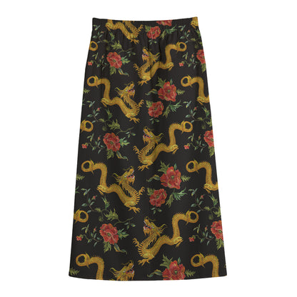 Embroidery Chinese Dragon Pattern Print Cotton Front Slit Maxi Skirt