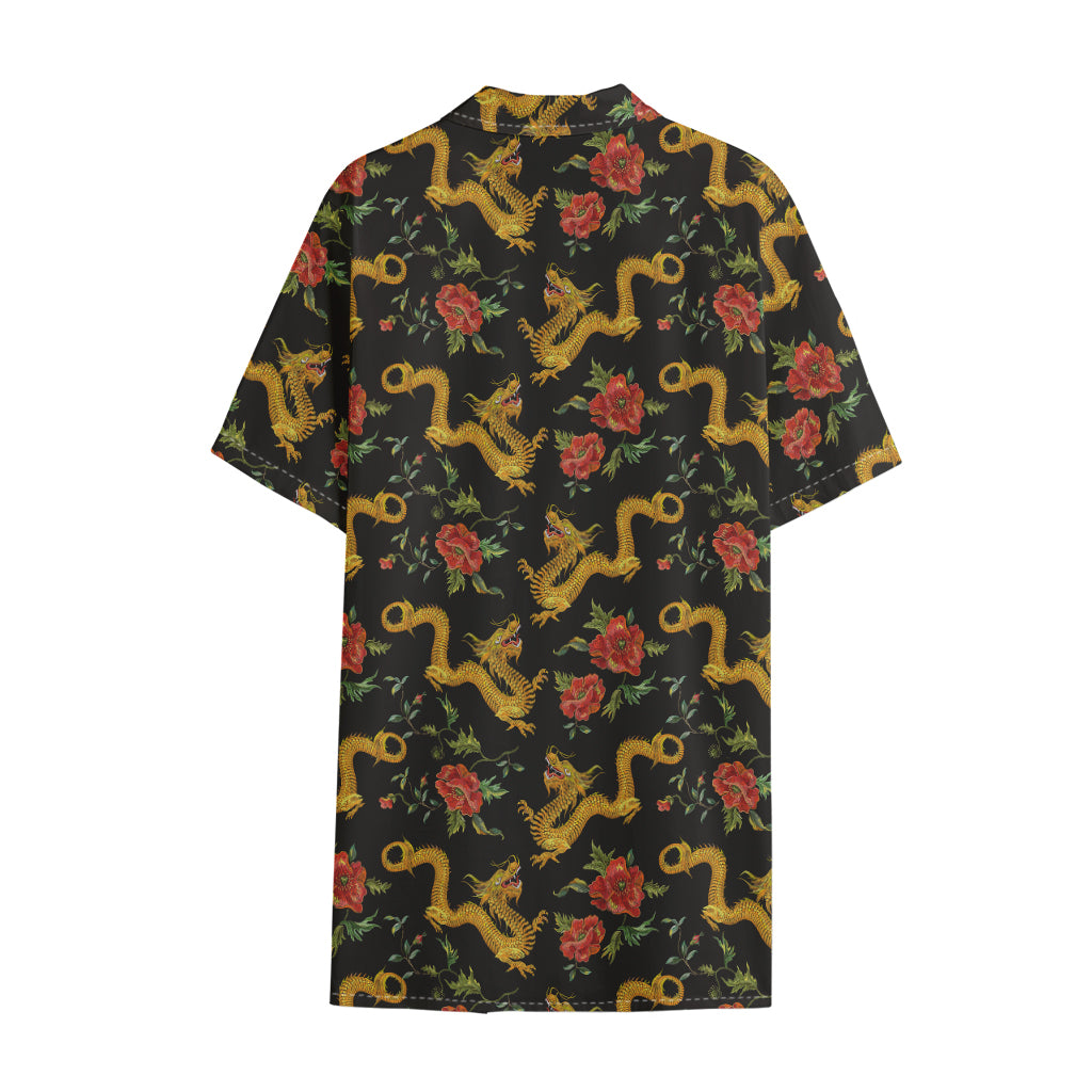 Embroidery Chinese Dragon Pattern Print Cotton Hawaiian Shirt