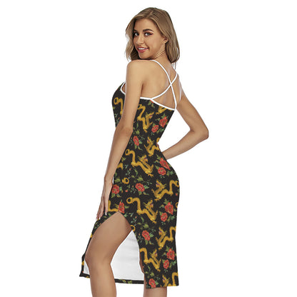 Embroidery Chinese Dragon Pattern Print Cross Back Cami Dress
