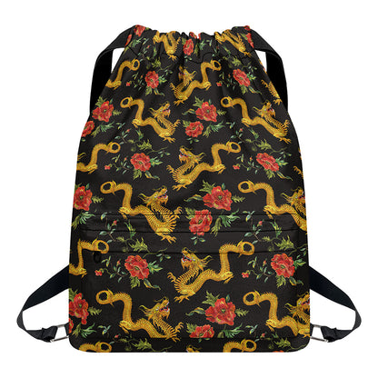 Embroidery Chinese Dragon Pattern Print Drawstring Backpack
