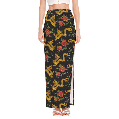Embroidery Chinese Dragon Pattern Print High Slit Maxi Skirt