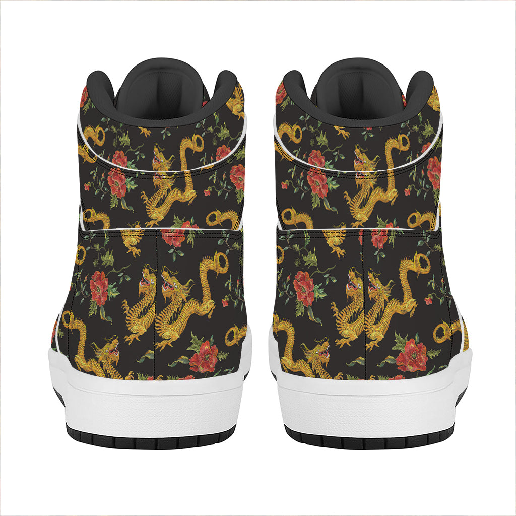 Embroidery Chinese Dragon Pattern Print High Top Leather Sneakers