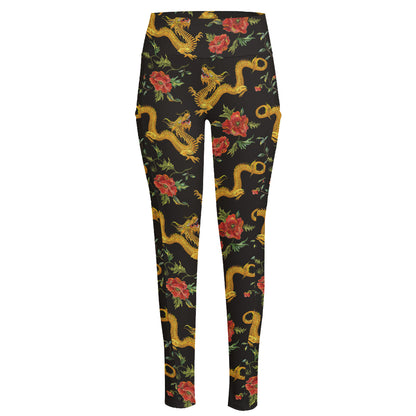 Embroidery Chinese Dragon Pattern Print High-Waisted Pocket Leggings