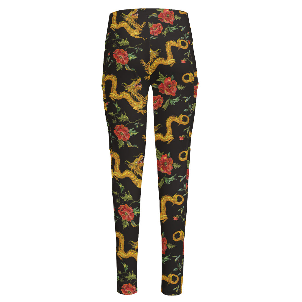 Embroidery Chinese Dragon Pattern Print High-Waisted Pocket Leggings