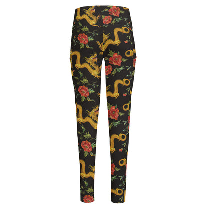 Embroidery Chinese Dragon Pattern Print High-Waisted Pocket Leggings