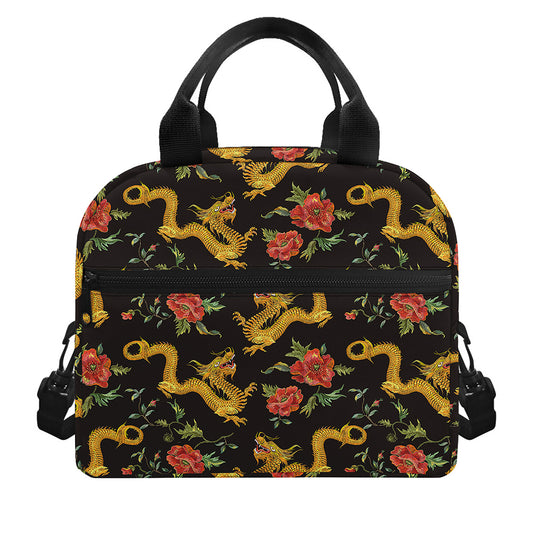 Embroidery Chinese Dragon Pattern Print Insulated Lunch Bag