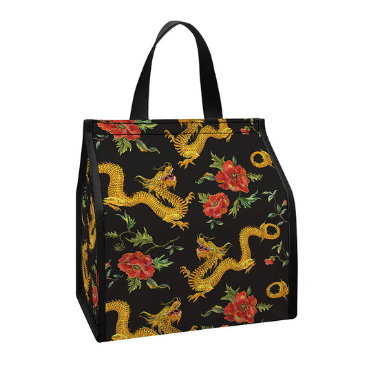 Embroidery Chinese Dragon Pattern Print Insulated Lunch Tote