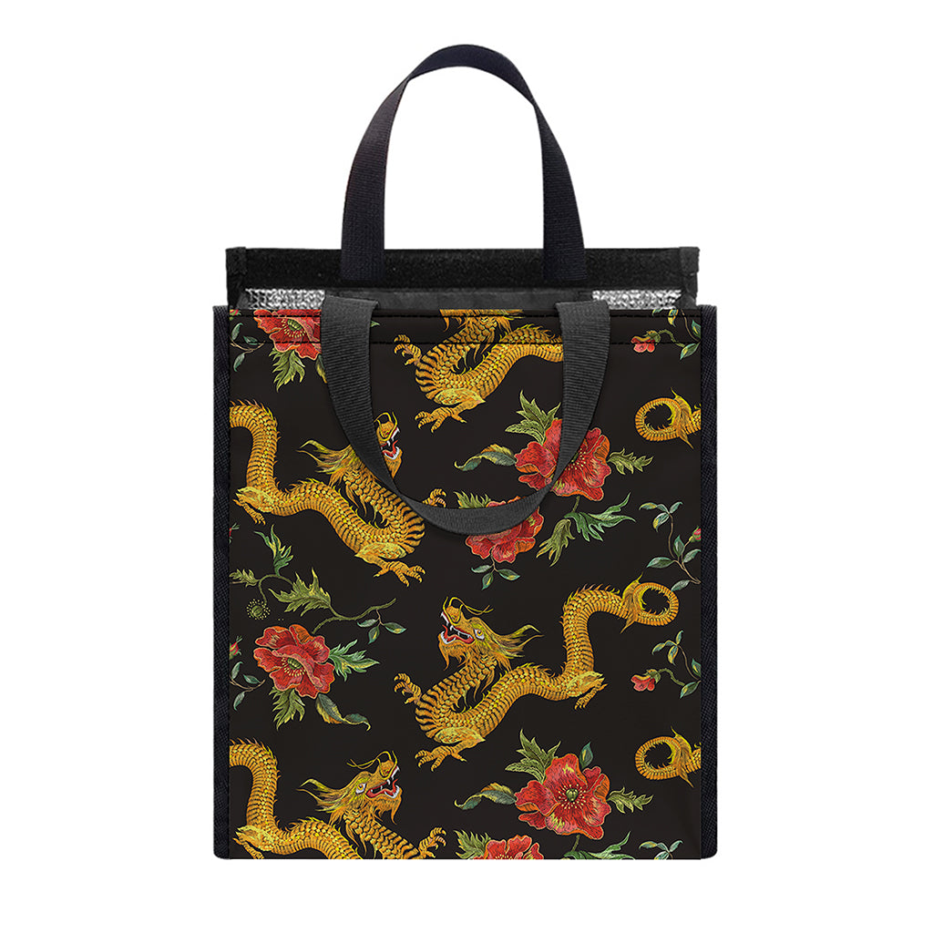 Embroidery Chinese Dragon Pattern Print Insulated Lunch Tote