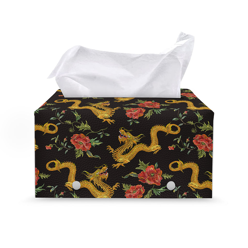 Embroidery Chinese Dragon Pattern Print Leather Tissue Box Cover