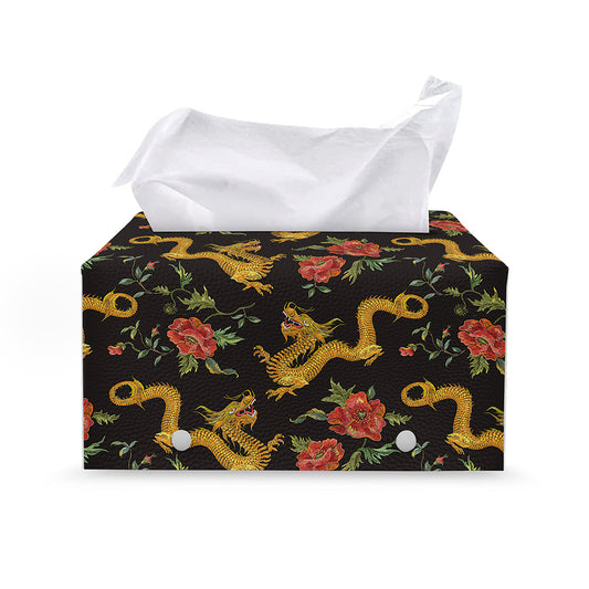 Embroidery Chinese Dragon Pattern Print Leather Tissue Box Cover