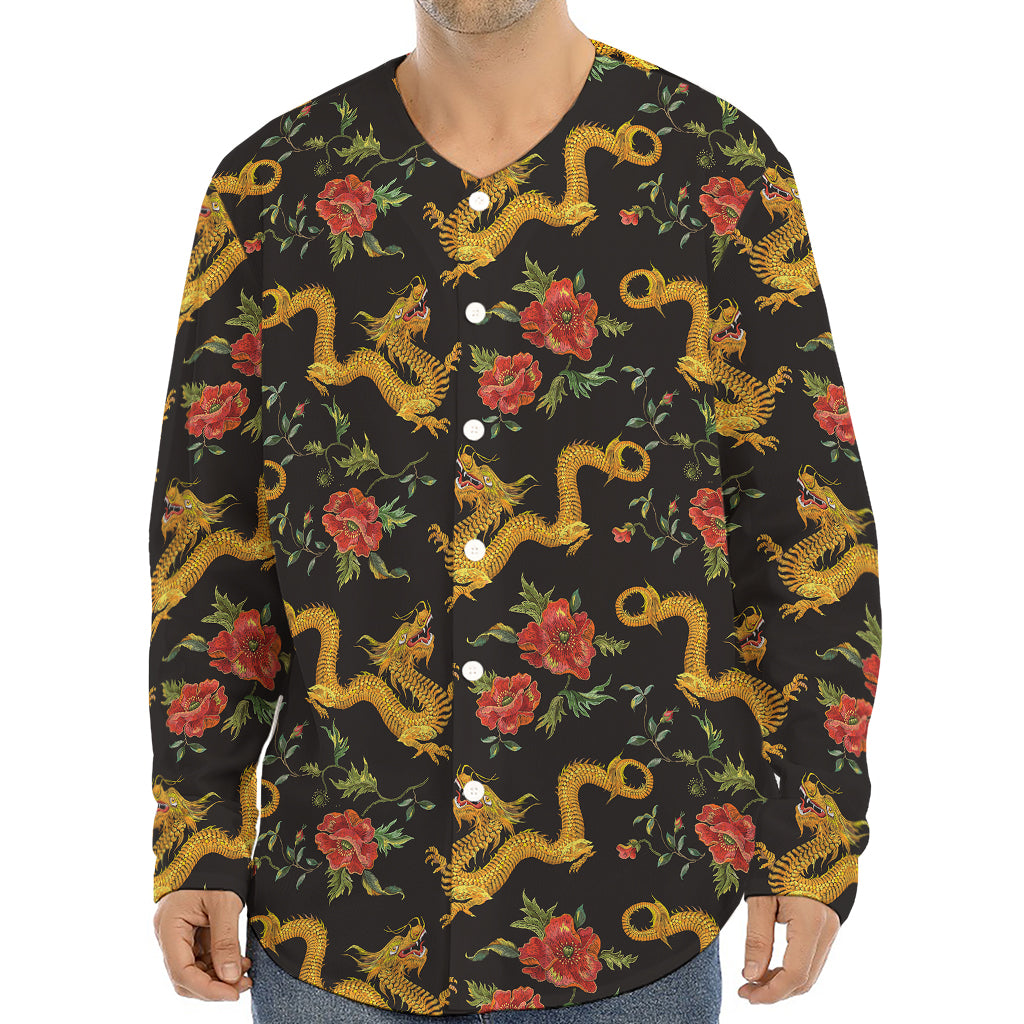 Embroidery Chinese Dragon Pattern Print Long Sleeve Baseball Jersey