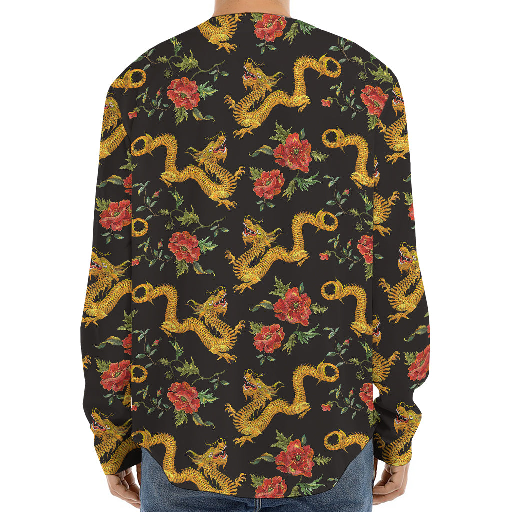 Embroidery Chinese Dragon Pattern Print Long Sleeve Baseball Jersey