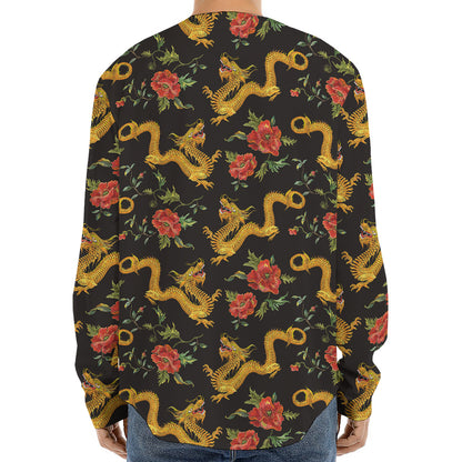 Embroidery Chinese Dragon Pattern Print Long Sleeve Baseball Jersey