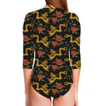 Embroidery Chinese Dragon Pattern Print Long Sleeve Swimsuit