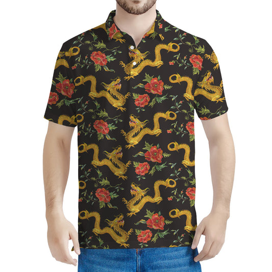 Embroidery Chinese Dragon Pattern Print Men's Polo Shirt
