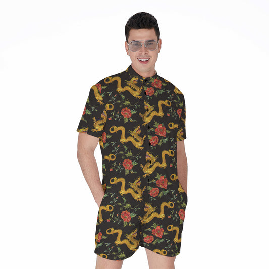 Embroidery Chinese Dragon Pattern Print Men's Rompers