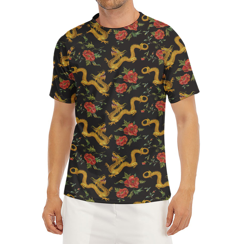 Embroidery Chinese Dragon Pattern Print Men's Short Sleeve Rash Guard