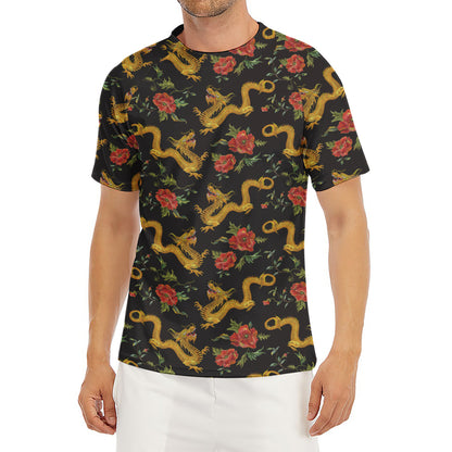 Embroidery Chinese Dragon Pattern Print Men's Short Sleeve Rash Guard