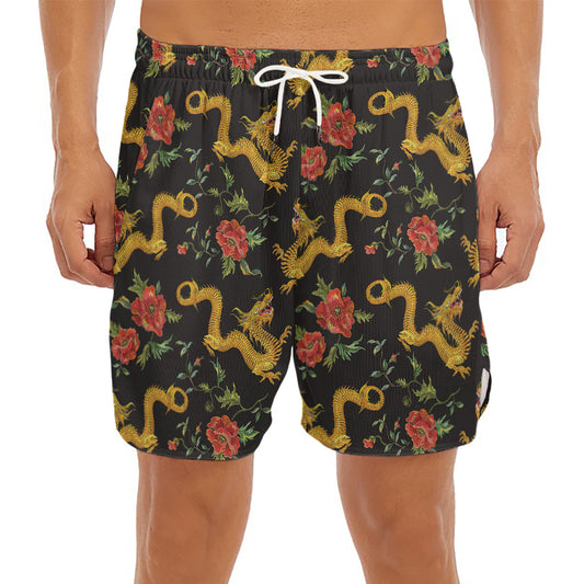 Embroidery Chinese Dragon Pattern Print Men's Split Running Shorts