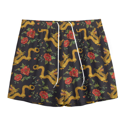 Embroidery Chinese Dragon Pattern Print Mesh Shorts