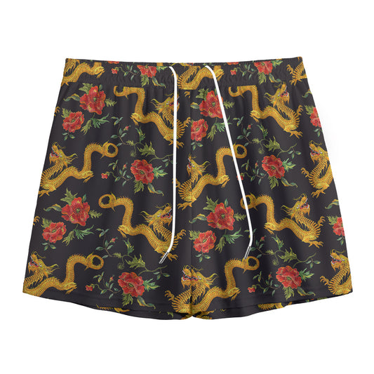 Embroidery Chinese Dragon Pattern Print Mesh Shorts