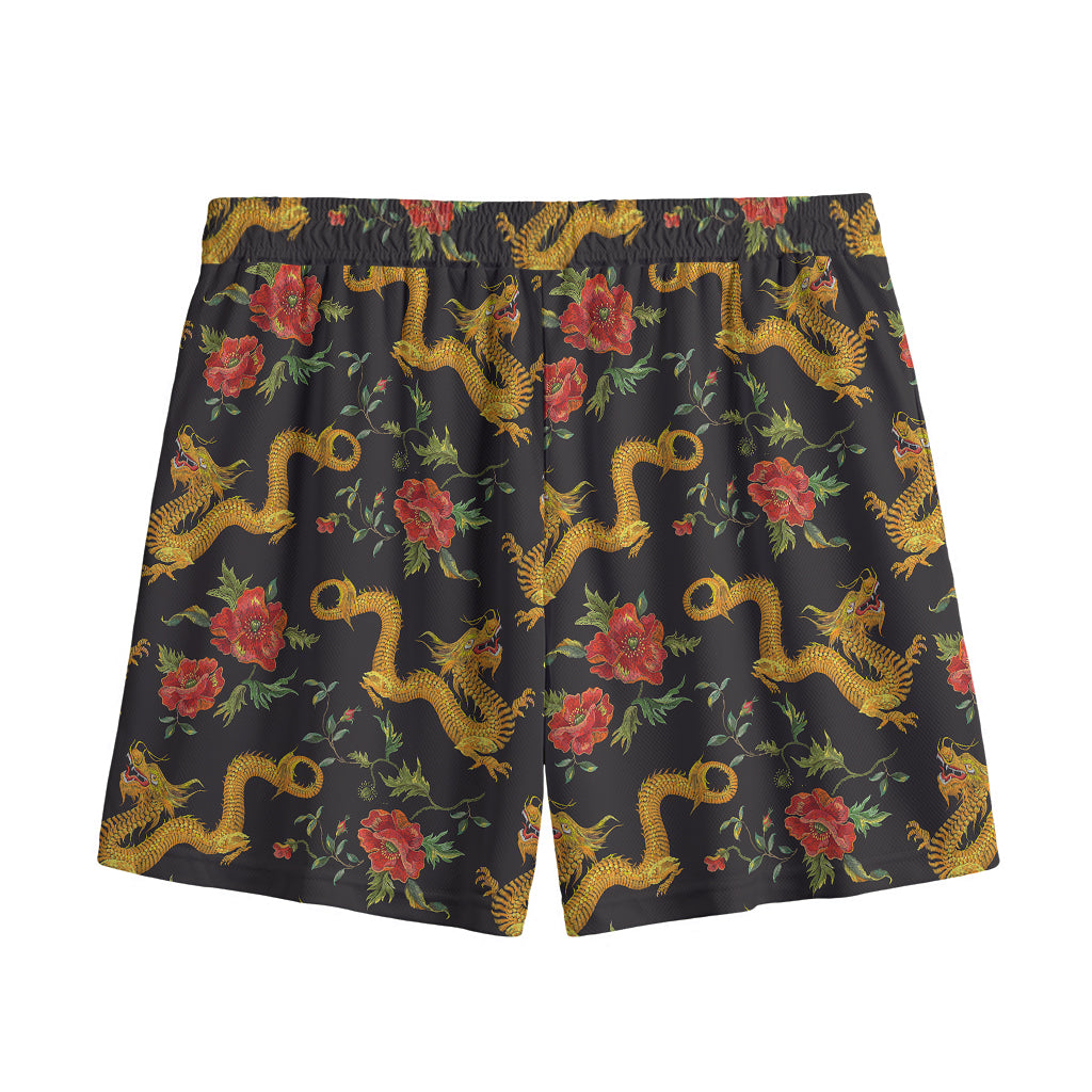 Embroidery Chinese Dragon Pattern Print Mesh Shorts