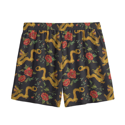 Embroidery Chinese Dragon Pattern Print Mesh Shorts