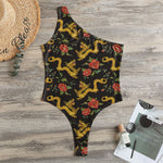 Embroidery Chinese Dragon Pattern Print One Shoulder Bodysuit
