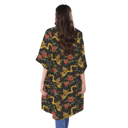 Embroidery Chinese Dragon Pattern Print Open Front Beach Cover Up