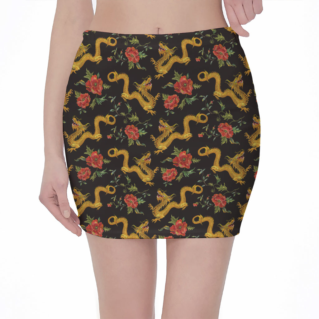 Embroidery Chinese Dragon Pattern Print Pencil Mini Skirt