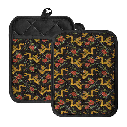 Embroidery Chinese Dragon Pattern Print Pot Holders With Pocket
