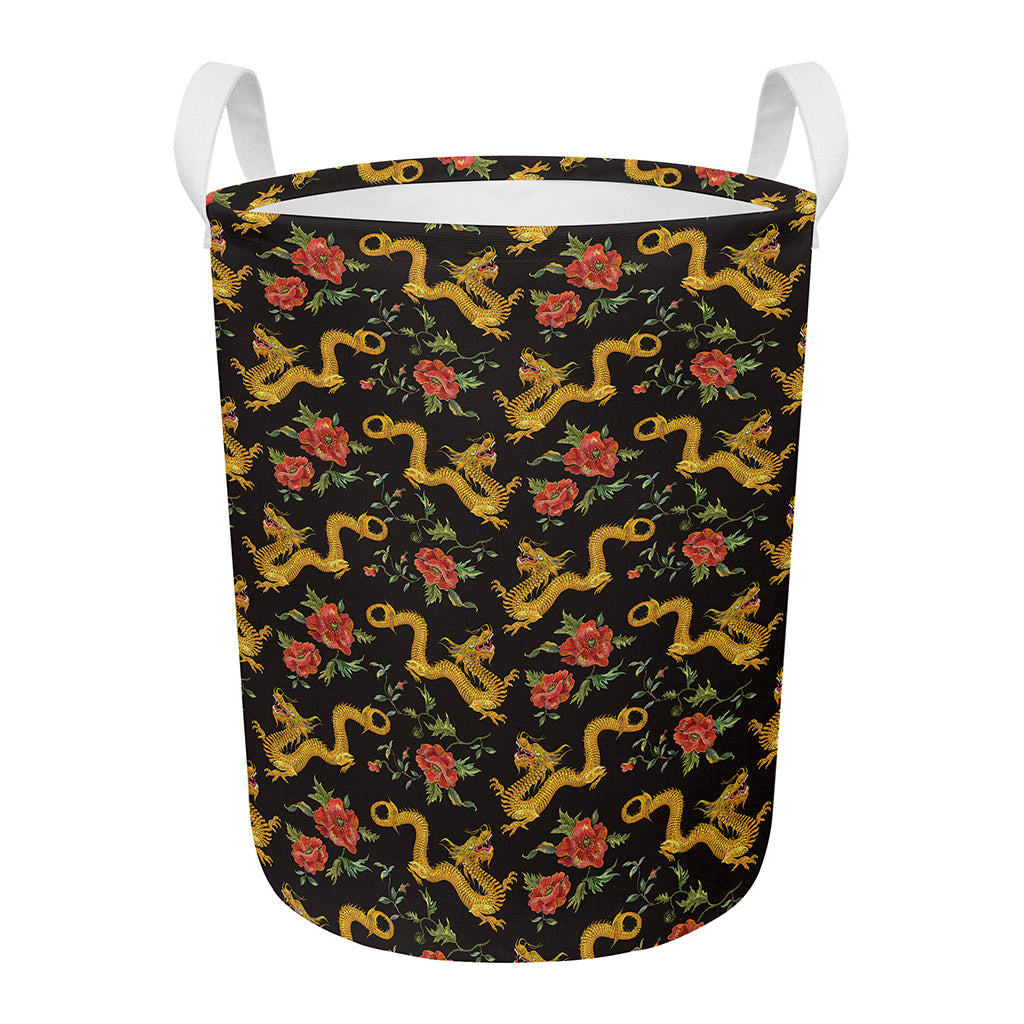 Embroidery Chinese Dragon Pattern Print Round Laundry Basket