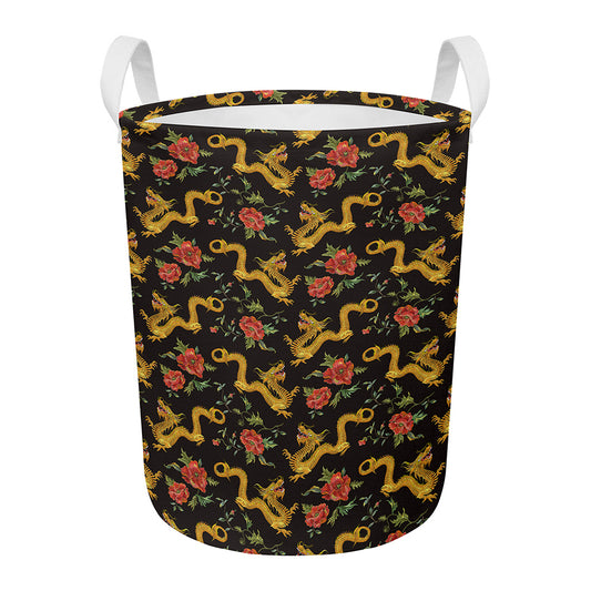Embroidery Chinese Dragon Pattern Print Round Laundry Basket