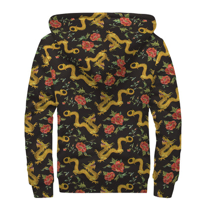 Embroidery Chinese Dragon Pattern Print Sherpa Lined Zip Up Hoodie