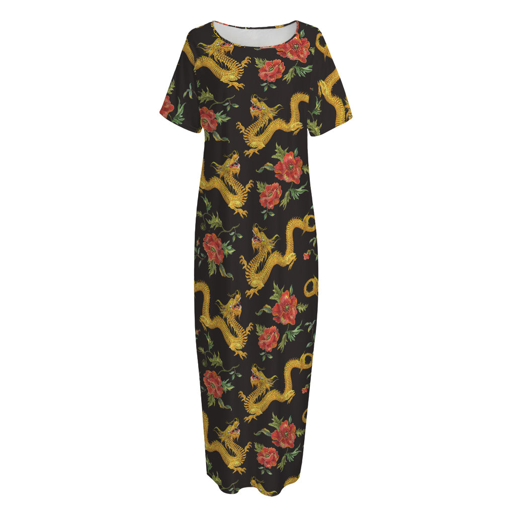 Embroidery Chinese Dragon Pattern Print Short Sleeve Long Nightdress
