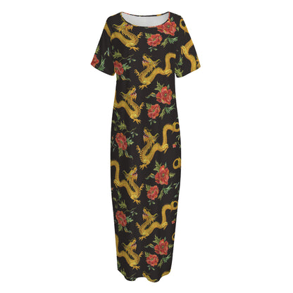 Embroidery Chinese Dragon Pattern Print Short Sleeve Long Nightdress