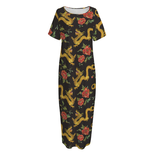 Embroidery Chinese Dragon Pattern Print Short Sleeve Long Nightdress