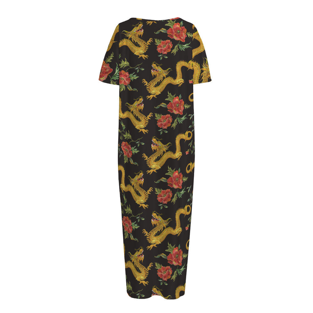 Embroidery Chinese Dragon Pattern Print Short Sleeve Long Nightdress