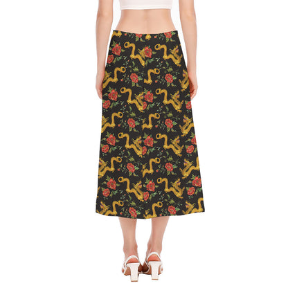 Embroidery Chinese Dragon Pattern Print Side Slit Midi Skirt