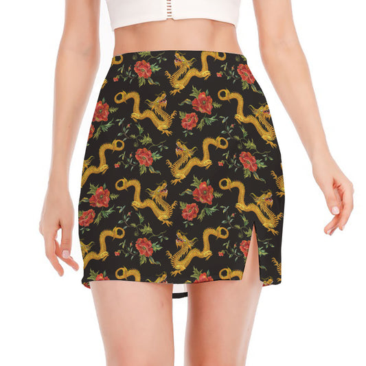 Embroidery Chinese Dragon Pattern Print Side Slit Mini Skirt