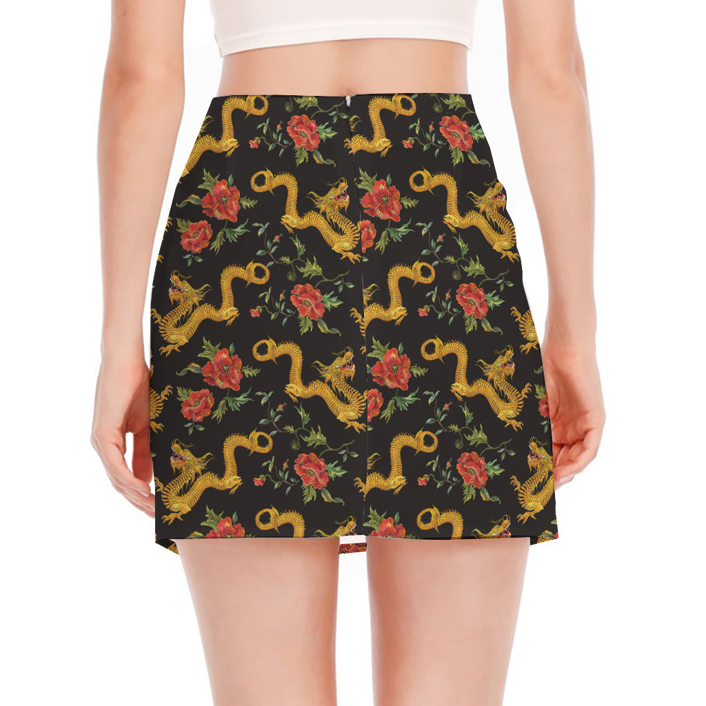 Embroidery Chinese Dragon Pattern Print Side Slit Mini Skirt