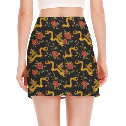 Embroidery Chinese Dragon Pattern Print Side Slit Mini Skirt