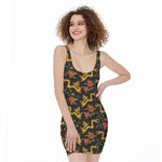 Embroidery Chinese Dragon Pattern Print Sleeveless Bodycon Dress