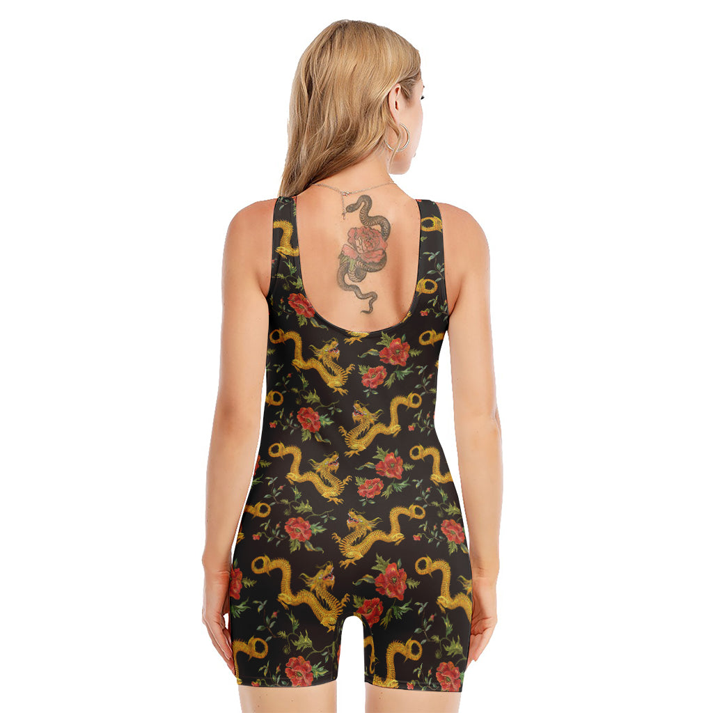 Embroidery Chinese Dragon Pattern Print Sleeveless One Piece Swimsuit