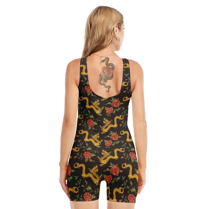 Embroidery Chinese Dragon Pattern Print Sleeveless One Piece Swimsuit