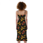 Embroidery Chinese Dragon Pattern Print Slim Fit Midi Cami Dress