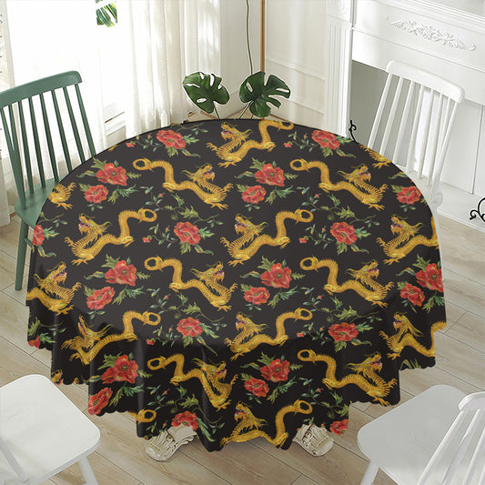 Embroidery Chinese Dragon Pattern Print Waterproof Round Tablecloth